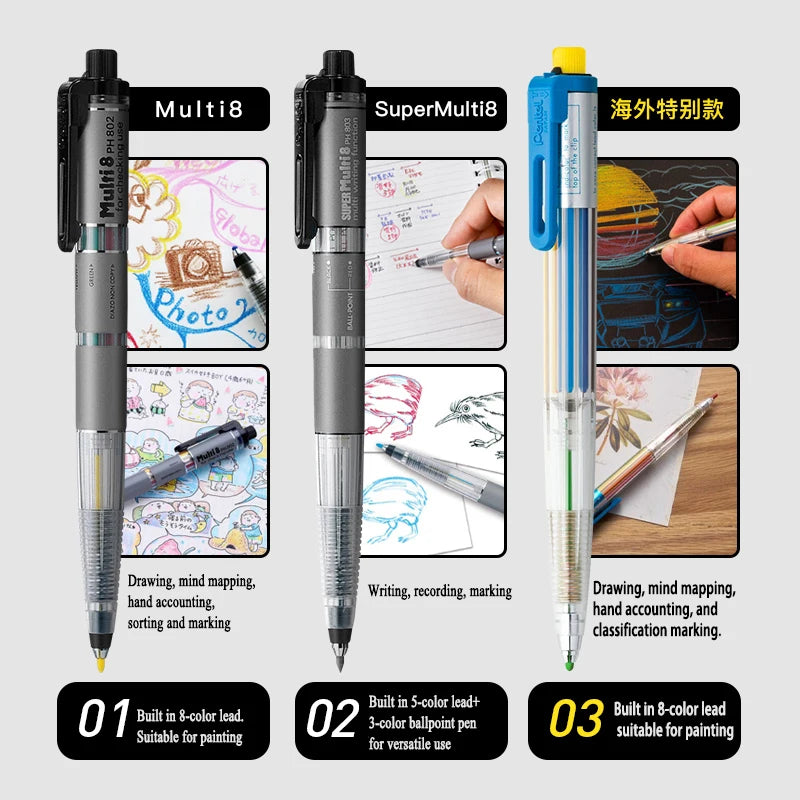 Japan Pentel Multi+8 2.0mm Automatic Knock Mechanical Colored Pencils - Sketch Essential for Artists & Designers (PH803/802S)